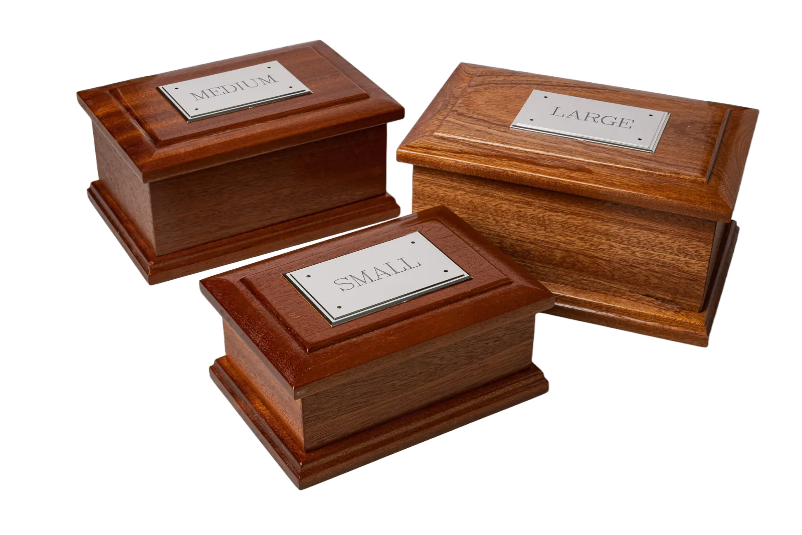Three mahogany pet cremation caskets