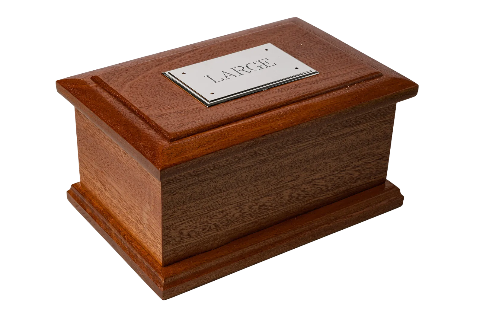 large mahogany pet cremation casket silver plaque
